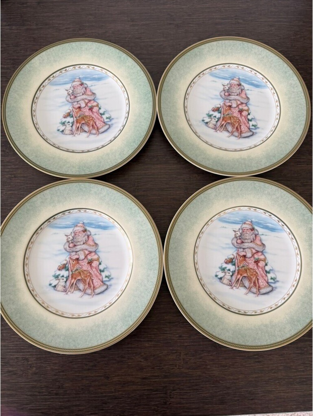 Fitz and Floyd "Winter Holiday" Salad Plates with Santa Claus Portrait
